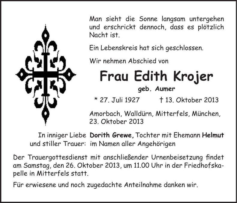 Traueranzeige Edith Krojer