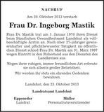 Traueranzeige Ingeborg Mastik