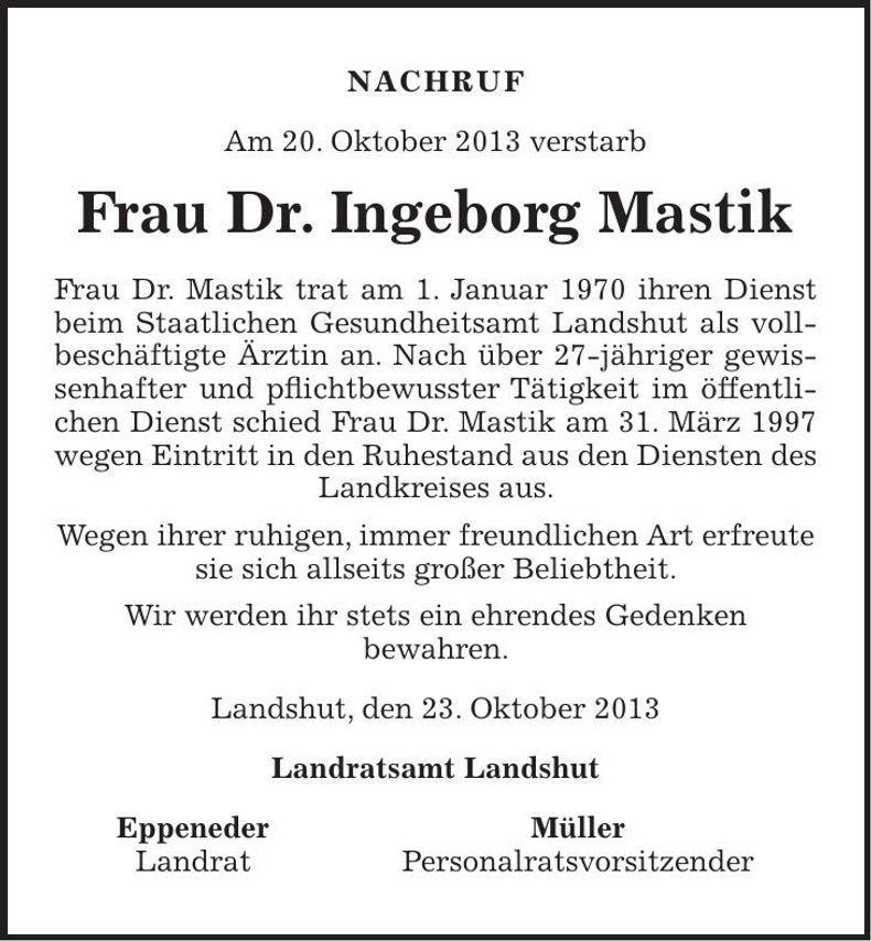 Traueranzeige Ingeborg Mastik