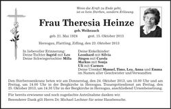 Traueranzeige Theresia Heinze