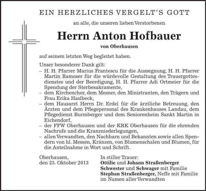 Traueranzeige Anton Hofbauer