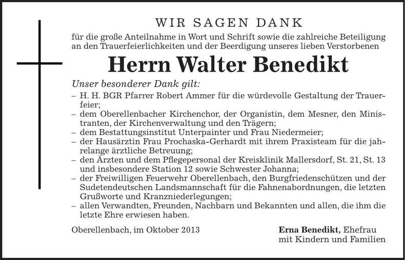 Traueranzeige Walter Benedikt