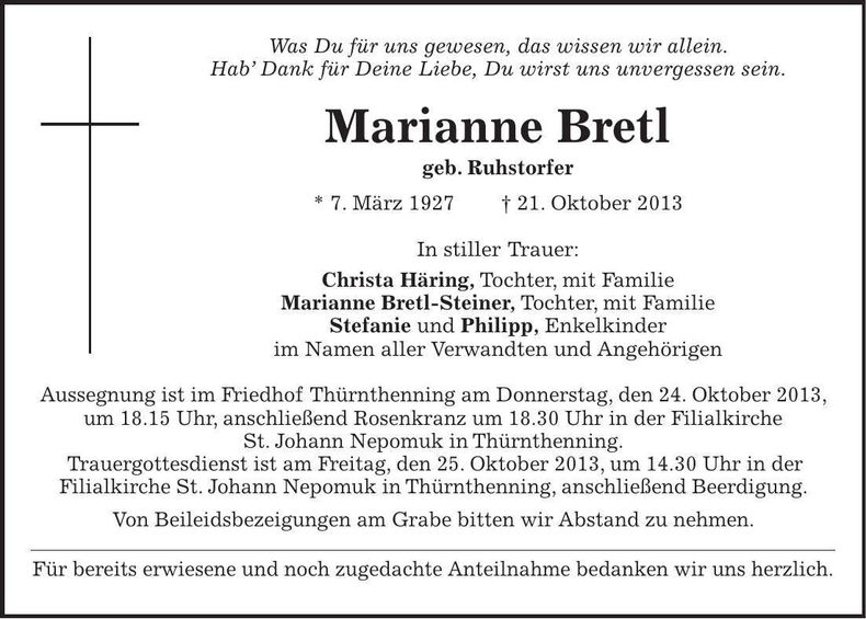 Traueranzeige Marianne Bretl