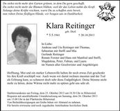Traueranzeige Klara Reitinger