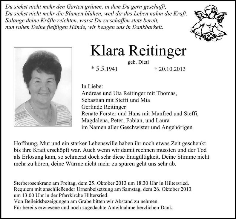 Traueranzeige Klara Reitinger