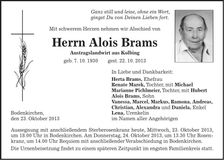 Traueranzeige Alois Brams