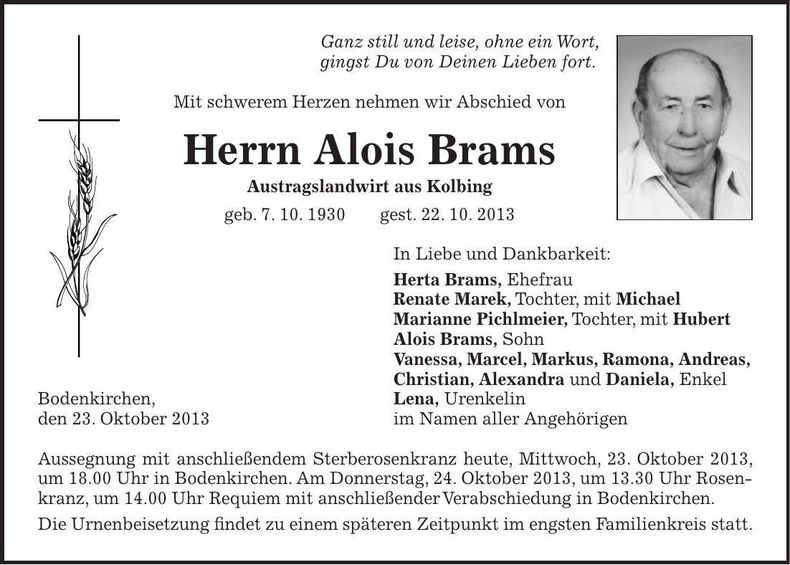 Traueranzeige Alois Brams