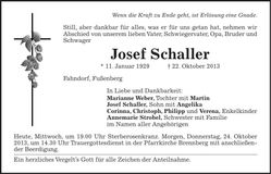 Traueranzeige Josef Schaller