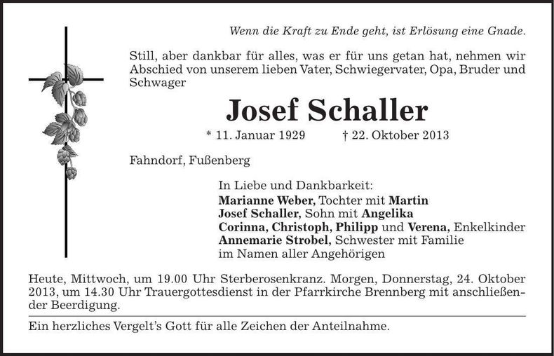 Traueranzeige Josef Schaller