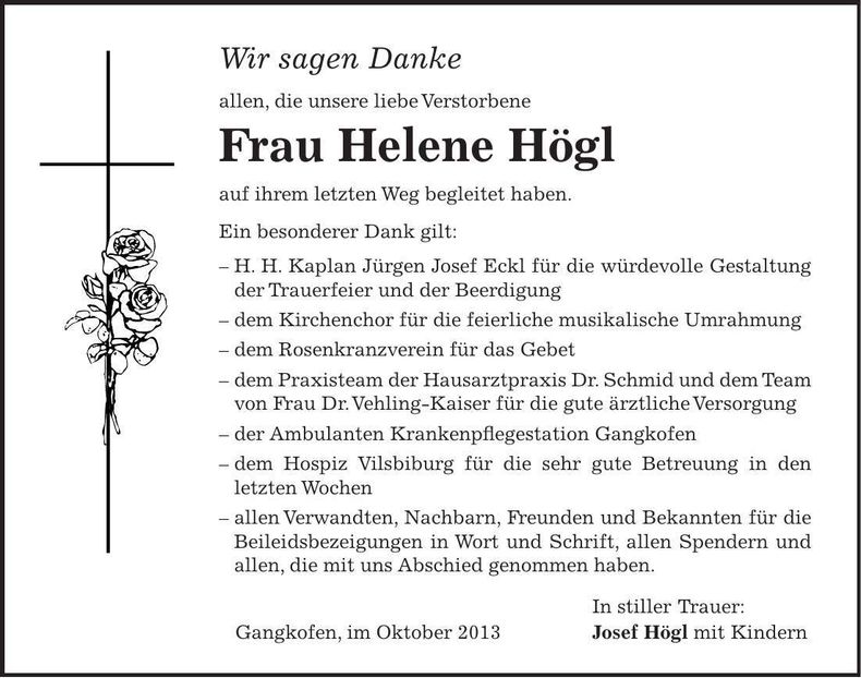 Traueranzeige Helene Högl