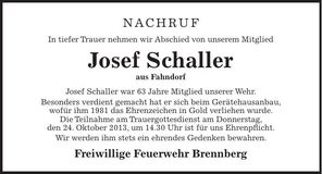 Traueranzeige Josef Schaller