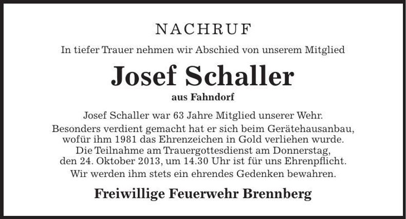 Traueranzeige Josef Schaller