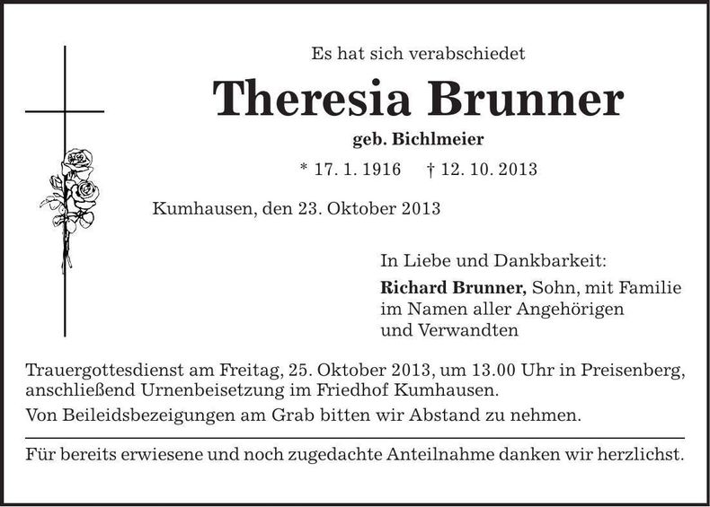 Traueranzeige Theresia Brunner