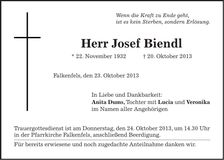 Traueranzeige Josef Biendl