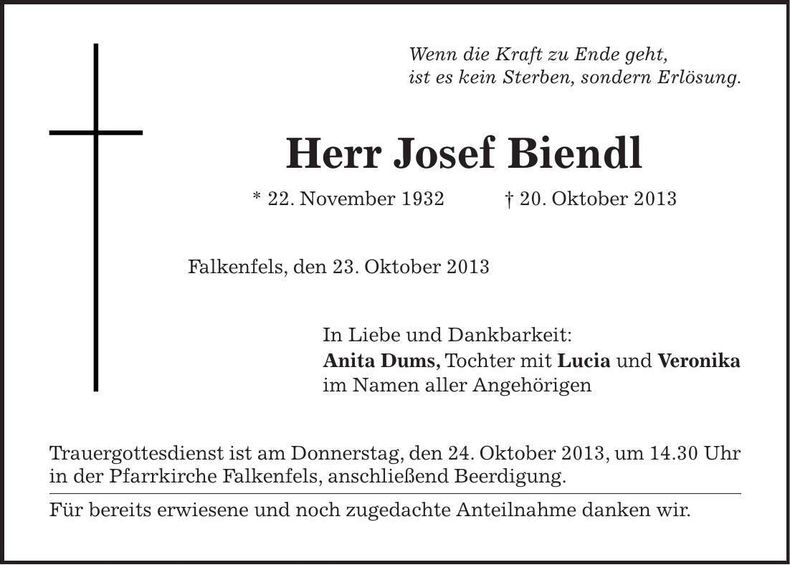 Traueranzeige Josef Biendl