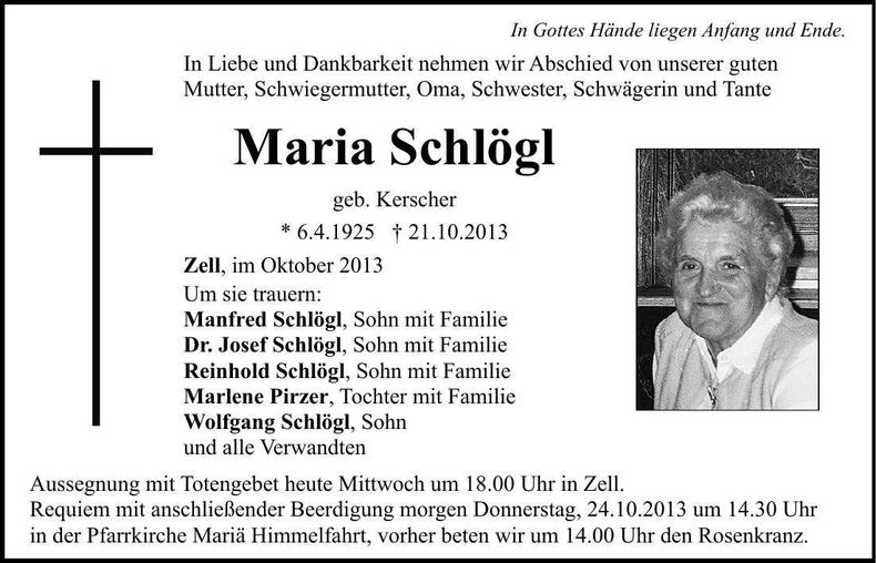 Traueranzeige Maria Schlögl