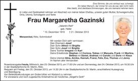 Traueranzeige Margaretha Gazinski