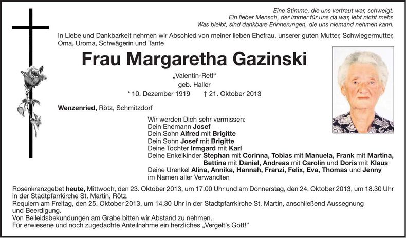 Traueranzeige Margaretha Gazinski