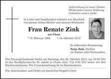 Traueranzeige Renate Zink
