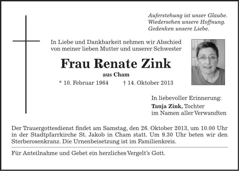 Traueranzeige Renate Zink