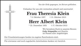 Traueranzeige Theresia und Albert Klein