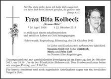 Traueranzeige Rita Kolbeck