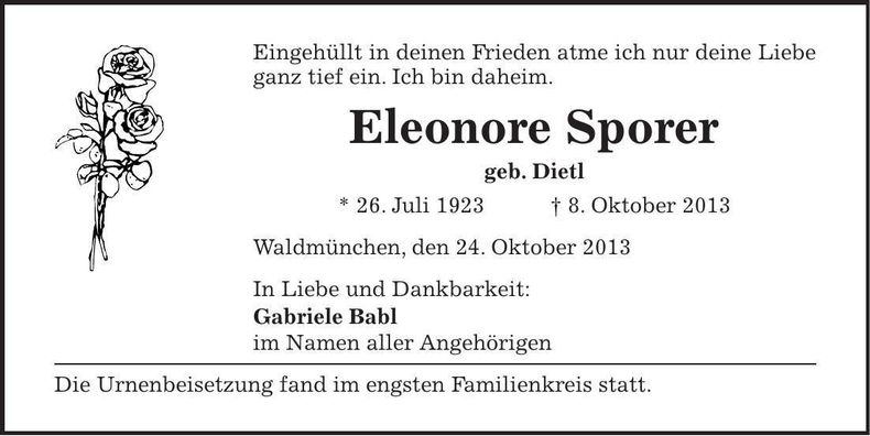 Traueranzeige Eleonore Sporer