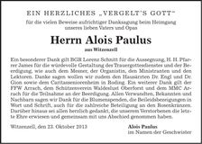 Traueranzeige Alois Paulus