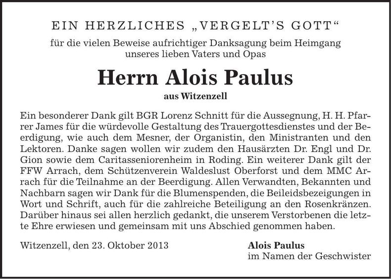 Traueranzeige Alois Paulus