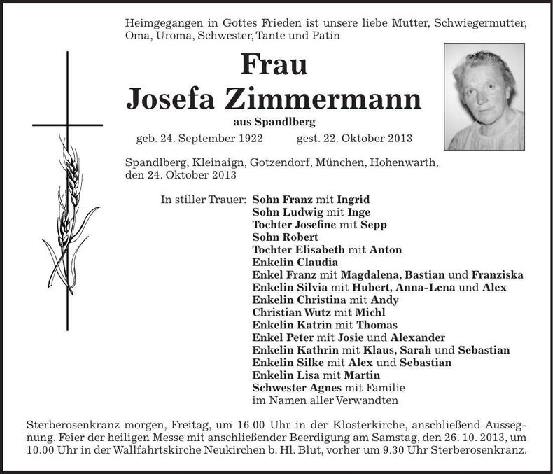 Traueranzeige Josefa Zimmermann