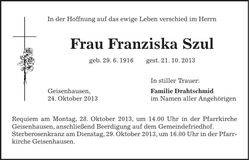 Traueranzeige Franziska Szul