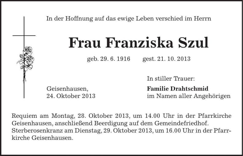 Traueranzeige Franziska Szul