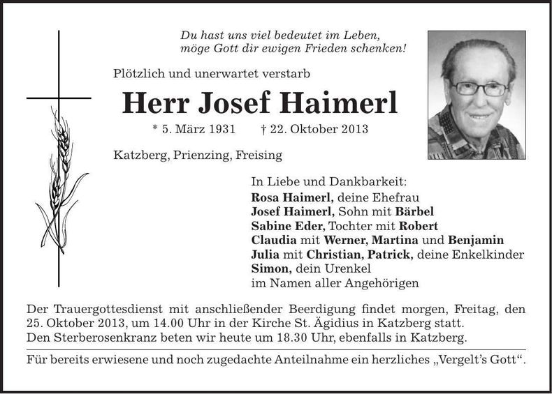 Traueranzeige Josef Haimerl