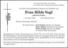 Traueranzeige Hilde Vogl