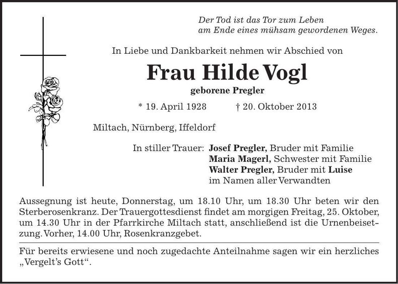 Traueranzeige Hilde Vogl