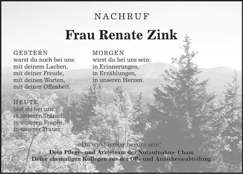 Traueranzeige Renate Zink