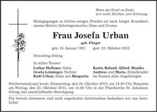 Traueranzeige Josefa Urban