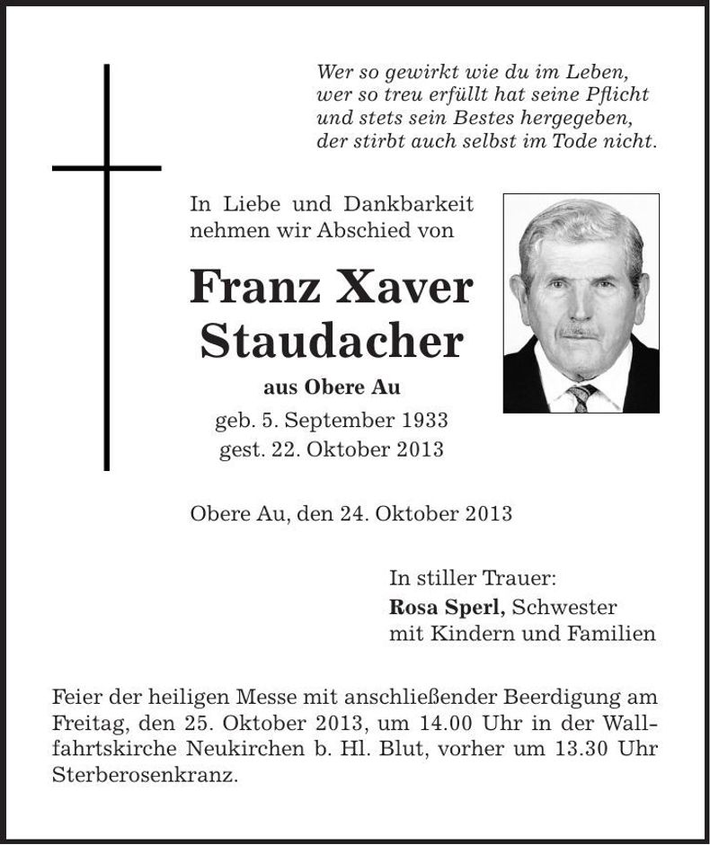Traueranzeige Xaver Staudacher