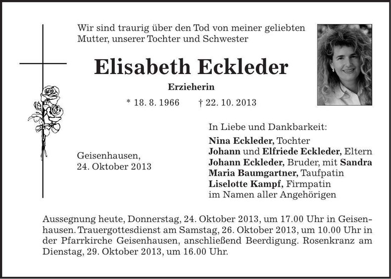 Traueranzeige Elisabeth Eckleder