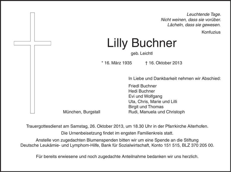 Traueranzeige Lilly Buchner