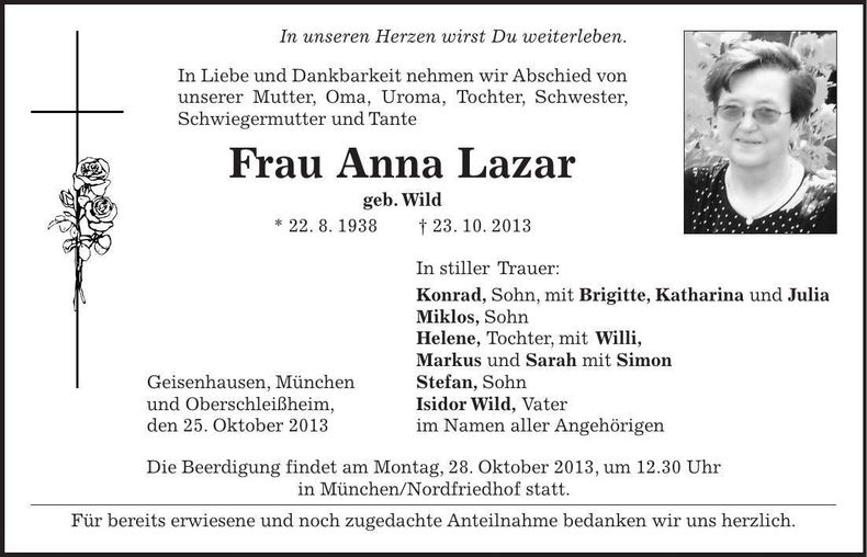 Traueranzeige Anna Lazar