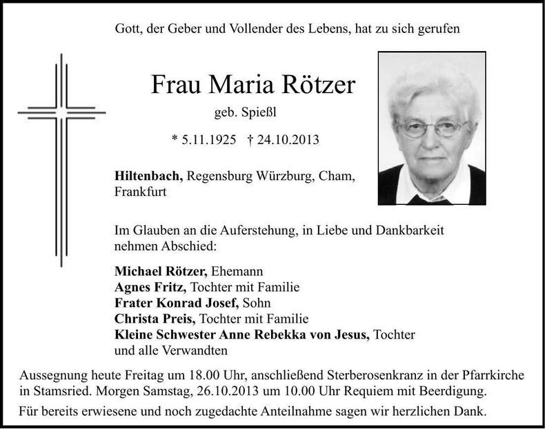 Traueranzeige Maria Rötzer