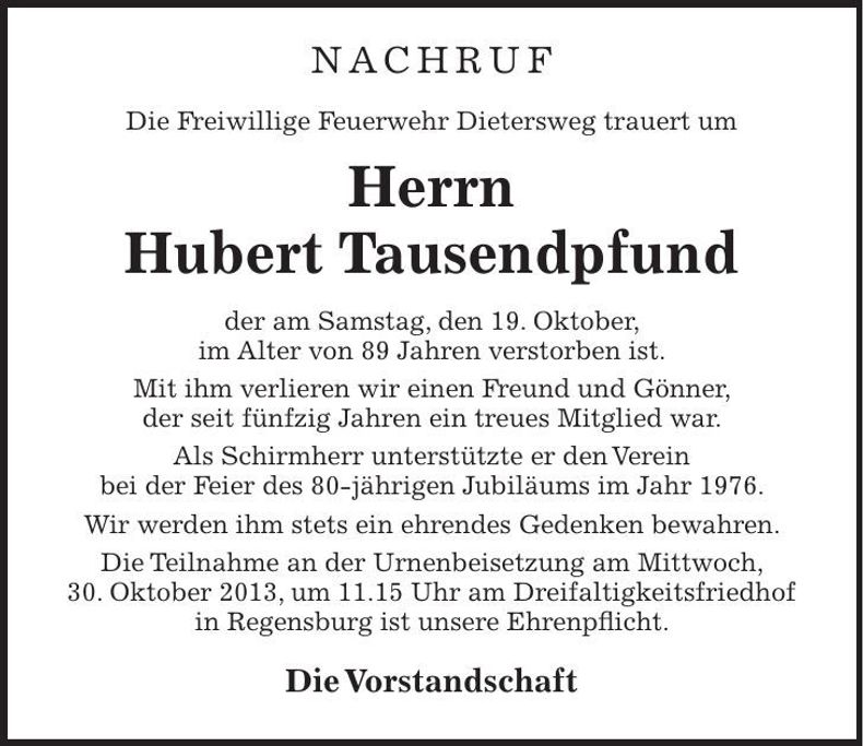 Traueranzeige Hubert Tausendpfund