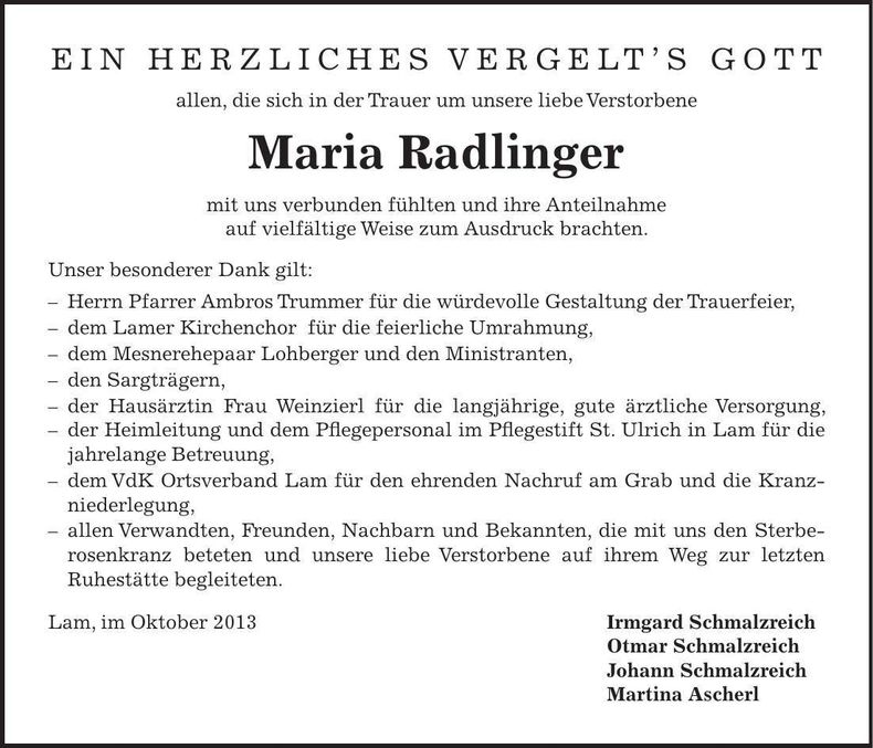 Traueranzeige Maria Radlinger