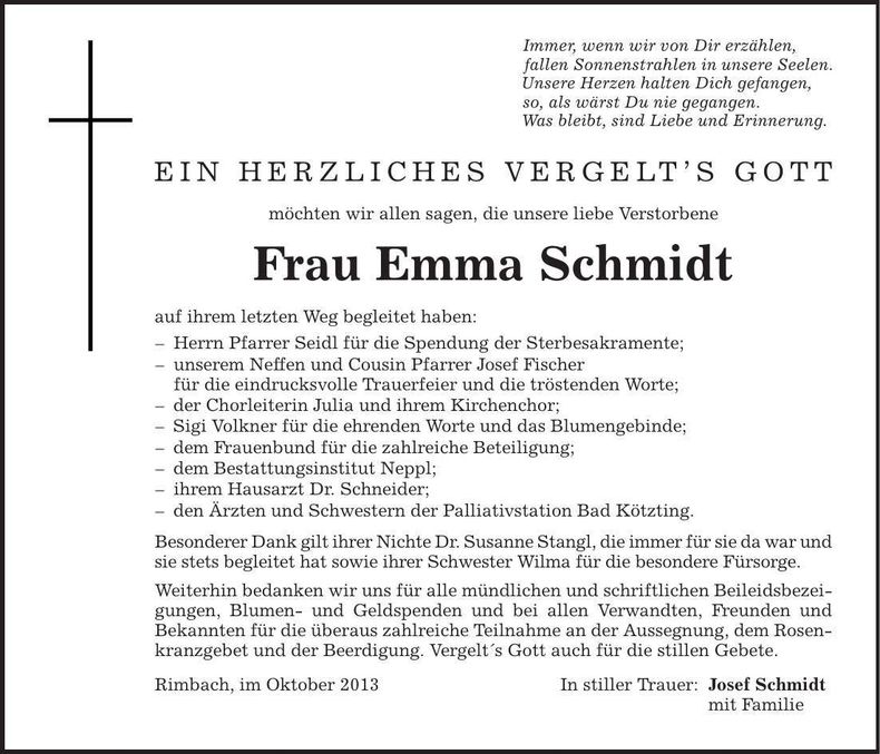 Traueranzeige Emma Schmidt