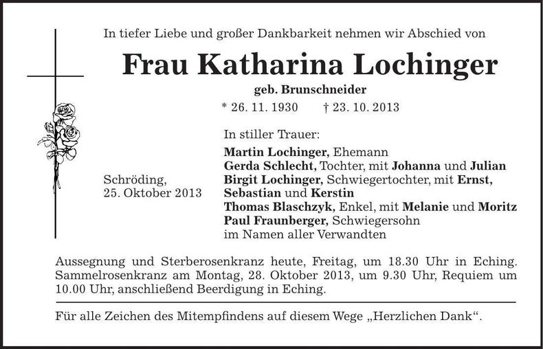 Traueranzeige Katharina Lochinger
