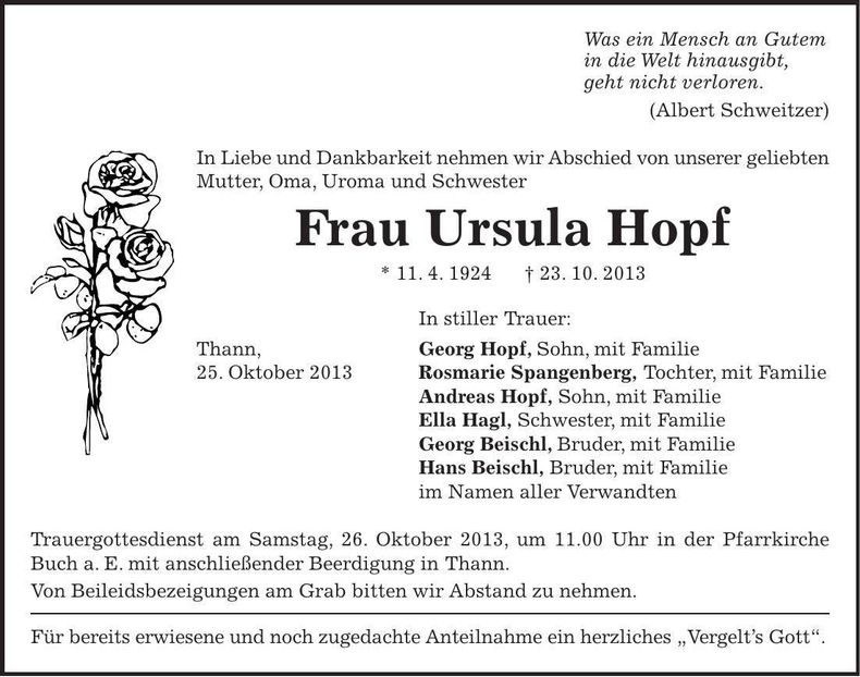 Traueranzeige Ursula Hopf