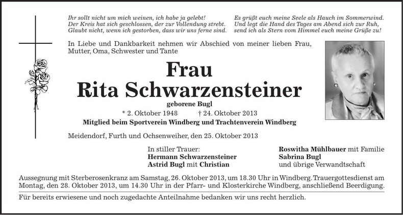 Traueranzeige Rita Schwarzensteiner