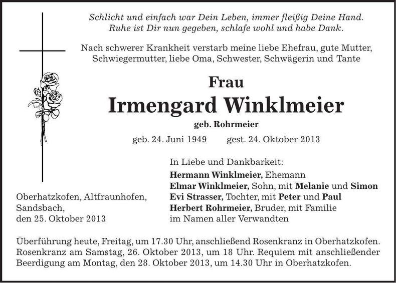 Traueranzeige Irmengard Winklmeier