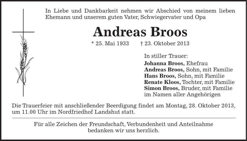 Traueranzeige Andreas Broos